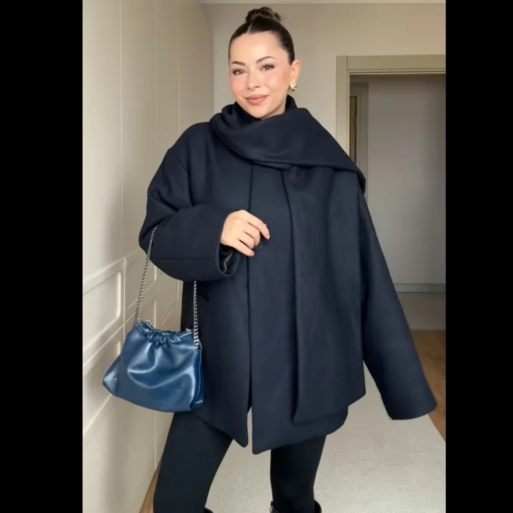 ZARA WOOL BLEND SHORT COAT WITH SCARF Navy Size XL